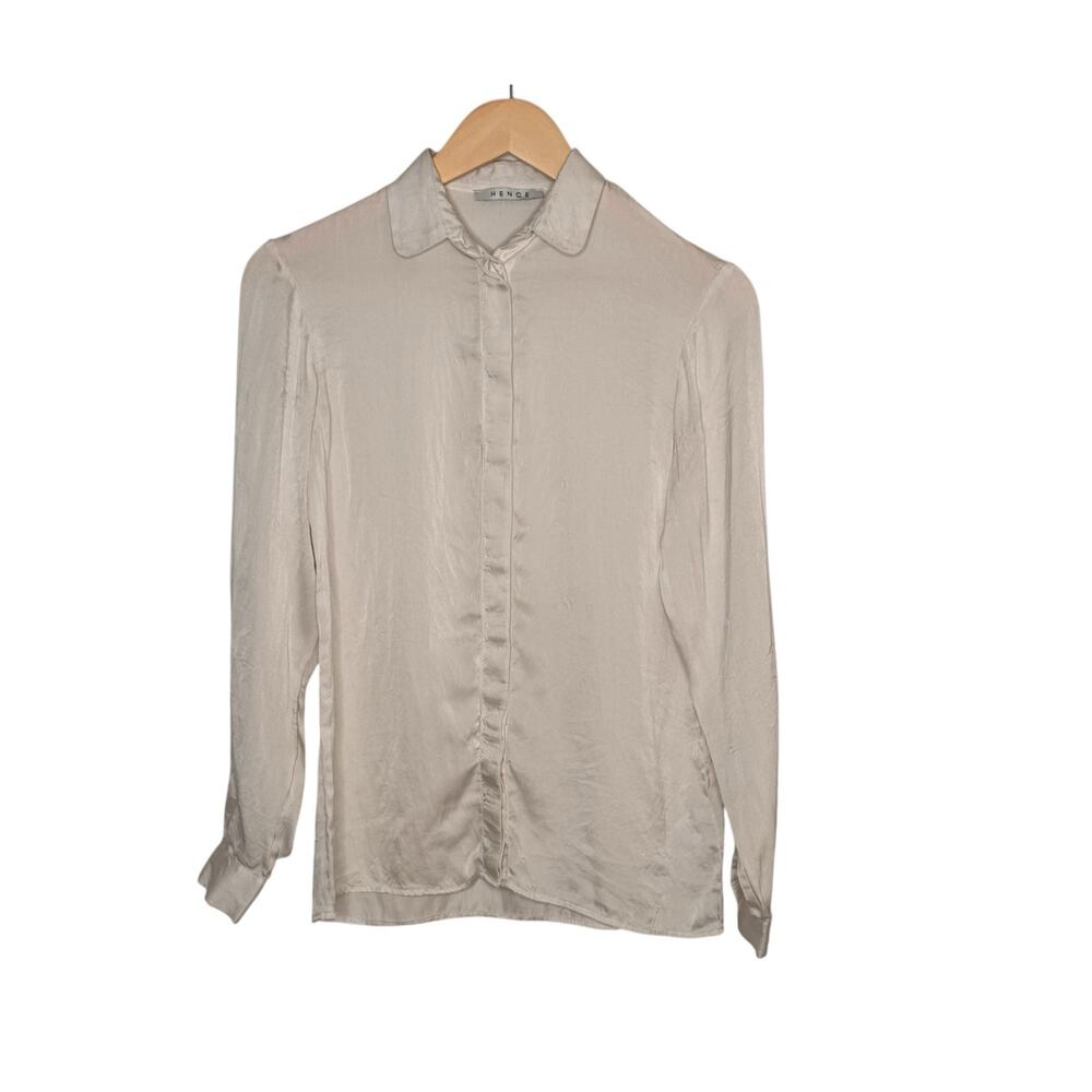 Silk Button‎ Down Blouse Size S Collared Long Sleeve Neutral Minimalist Chic Top